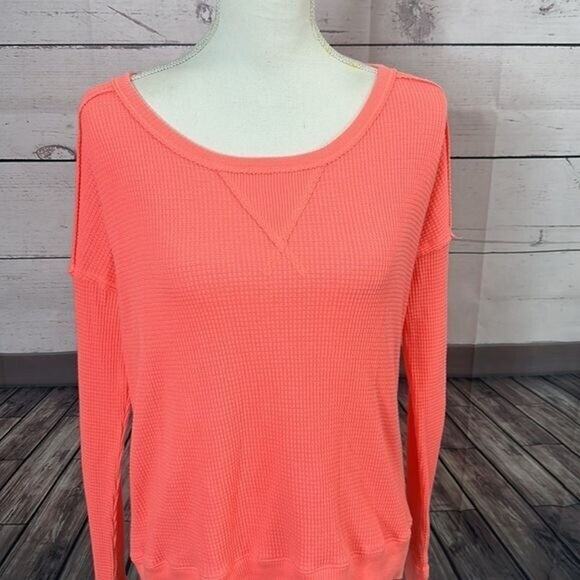 We The Free Shirt Womens XS Pink Orange Vibrant Waffle Boxy Boho Peasant Thermal - Picture 2 of 11